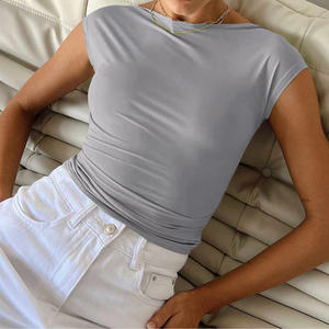 Novedad de verano, Camisetas básicas sólidas para mujer, Top corto Sexy con cuello oblicuo, camisetas de moda de manga corta, ropa de calle informal, Top corto ajustado - Product Image 2