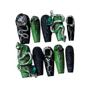 Pegatinas de Uñas de Resina Oscura Serie Serpiente Verde, Reutilizables, de Lujo, Forma de Almendra, para Dedos Largos, Certificación CE - Product Image 4