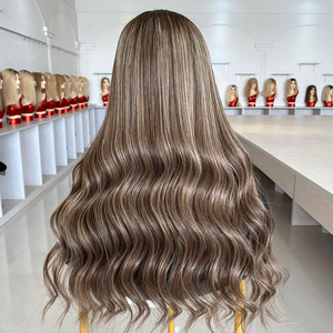 Nueva Llegada, Cabello Virgen Ruso con Mechas <span class=keywords><strong>Balayage</strong></span> Marrón Ceniza <span class=keywords><strong>Claro</strong></span>, Ondulado Suelto, 150% de Densidad, Encaje Transparente, Peluca Frontal de Encaje 360 - Product Image 4