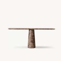 Table à manger élégante et moderne en travertin, piédestal conique, pierre beige, bord arrondi, pour salon, pièce maîtresse de la maison, personnalisable OEM