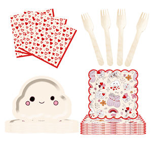 DAMAI Nuevo Juego de Platos de Papel con Diseño de Nubes y Corazones de Encaje Rojo con Temática de Gatos para Fiestas, Ideal para Fiestas de Cumpleaños - Product Image 1