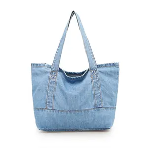 Оптовая продажа, большая сумка для покупок через плечо, открытая пляжная сумка из хлопчатобумажной ткани, джинсовая сумка-тоут