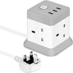 Cube Extension Lead with USB 4 Way Power Strip with 3 USB Ports (5V/2.4A) UK Power Socket with Switch 1.5M Extension Cords