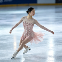 Robe de patinage artistique rose à manches longues, dos en maille transparente, jupe en mousseline ornée de strass, costume de performance pour compétition de patinage, sur mesure