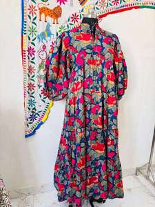 Vestido Babydoll de Algodón con Estampado Floral, Mangas Abullonadas, Estilo Smock, Silueta en A, Cintura Imperio, Mini Vestido Boho - Product Image 3