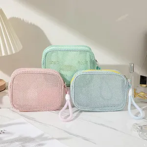Portable Mesh Travel <b>Makeup</b> Bag Mini Grid <b>Storage</b> Breathable Zipper Cosmetic Pouch Compact Size Single Color - Product Image 4