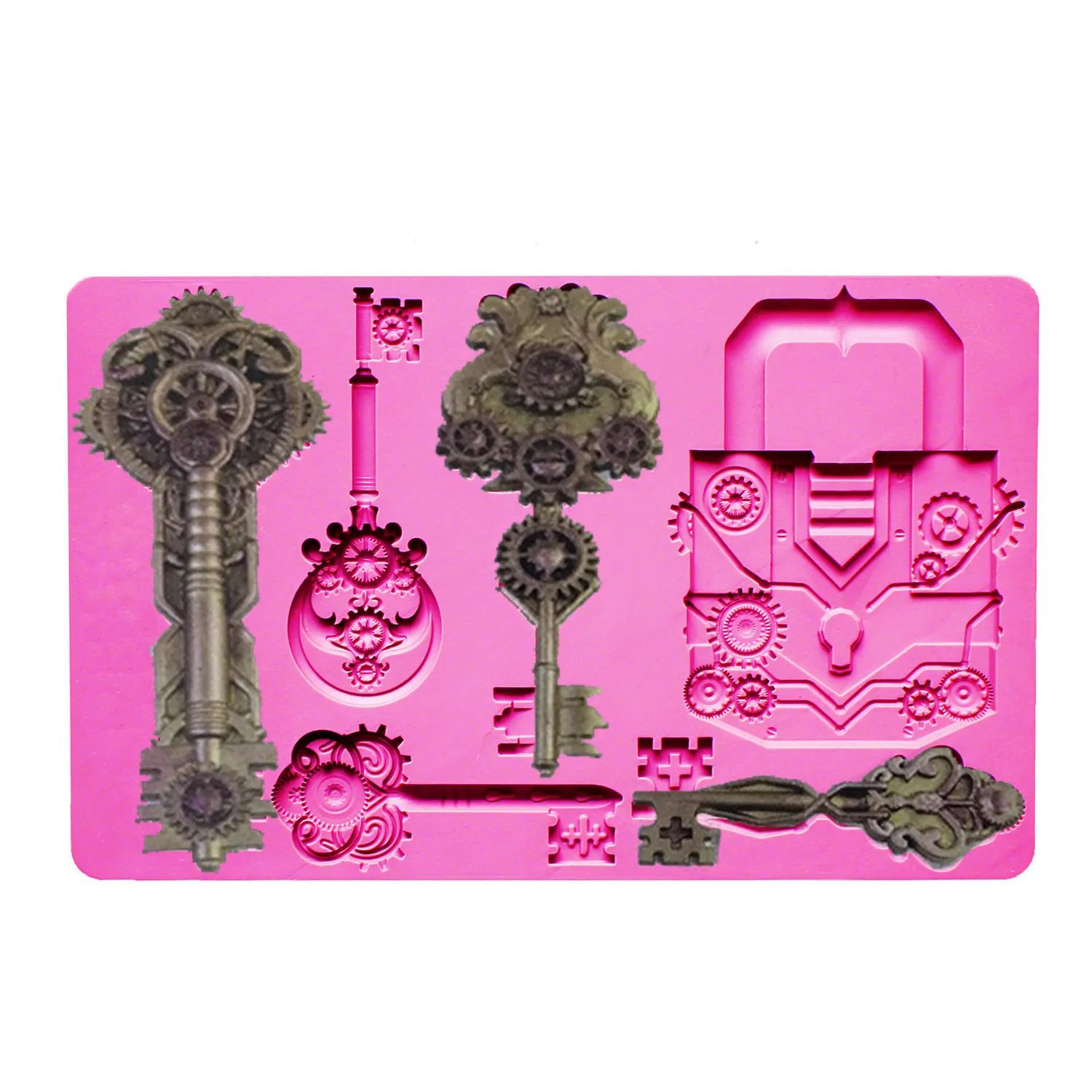 Large rectangle 6pcs 3D fine texture modern industrial style gear outline keys lock shape silicone DIY molds