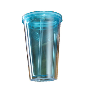 Double Layer Plastic <b>Straw</b> <b>Cup</b> With <b>Lid</b> Solid Color Purple Green Blue Pink Party Drinkware Set 020 - Product Image 5