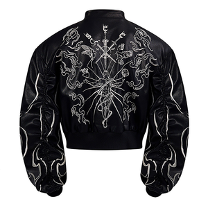Veste en cuir PU pour homme, style motard, col montant, broderie au dos, coupe courte, design tendance, vêtement décontracté pour la conduite, hiver - Product Image 3