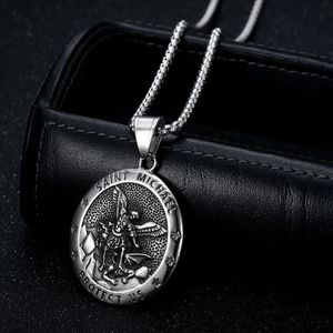 Collier pendentif ange Saint Michel en acier inoxydable, bijoux ronds unisexes, cadeau - Product Image 2
