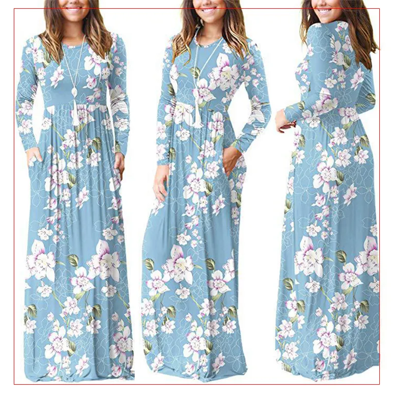 New Women Beach Long Casual Dress New Design Long Sleeve Floral Print Womens Maxi Dresses