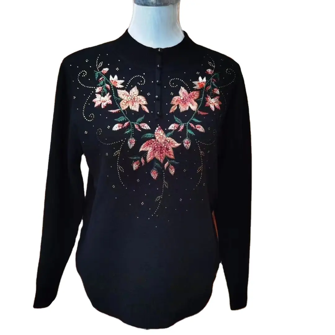 round neck sweater thicken fleece flower embroidery blouse bottoming shirts winter for women
