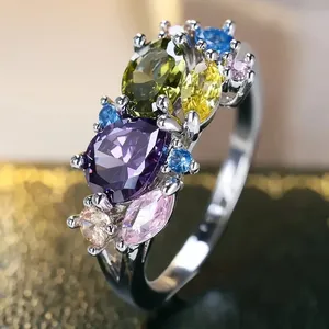 Anillos CAOSHI de Plata con Circonitas Brillantes Multicolores, Diseño Geométrico Elegante, Anillos de Compromiso y Boda para Mujer - Product Image 4