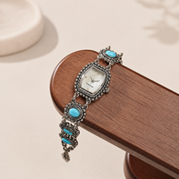 Montre-bracelet vintage en pierre turquoise pour femme, cadran en nacre argentée antique, bijoux, OEM ODM