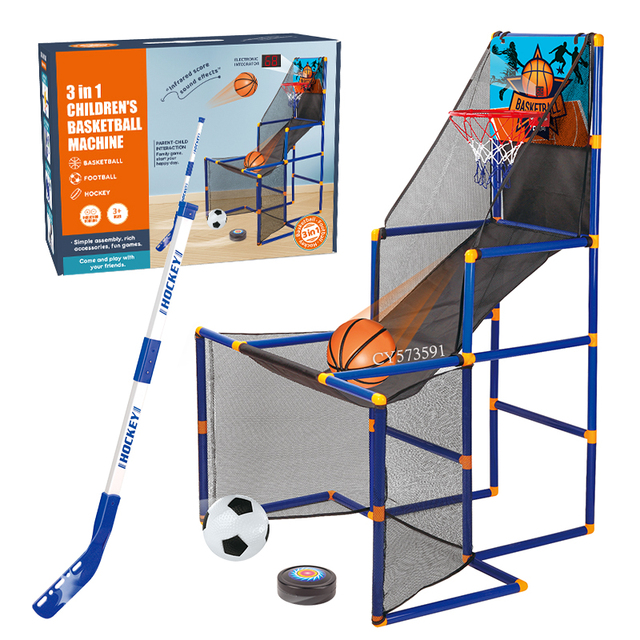 3 in 1 Outdoor Indoor Arcade Sports Toys Basketball Hoop Stand Scoreboard Hockey Stick Football Soccer Set Game Machine for Kids