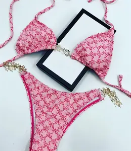 Bikini bleu rose avec cordon de serrage de marques célèbres maillot de bain pour femmes