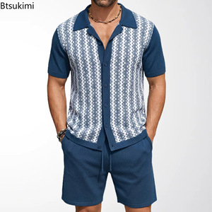 Ensemble de cardigan en tricot jacquard décontracté pour <span class=keywords><strong>homme</strong></span>, printemps-<span class=keywords><strong>été</strong></span>, 2 pièces, style streetwear, haut à manches courtes et short, ensemble deux pièces, costumes pour <span class=keywords><strong>homme</strong></span> - Product Image 1