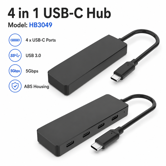 4-in-1 USB-C Hub 4-Port Type-C 5Gbps Portable ABS USB Splitter Plug-and-Play Expansion for Laptops & Tablets in Stock