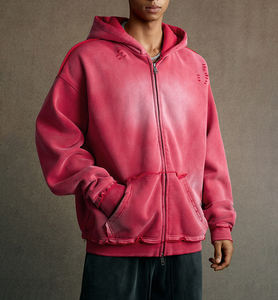 Heth123 Nieuwe Winter Zwaar Gewicht 400gsm Oversized Vintage Zuur Wassen Hoodie Spray Verven Distressed Rits Hoodie - Product Image 1