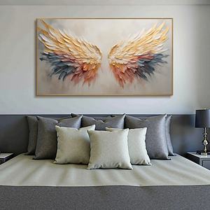 Alas Doradas Panorámicas, Arte Mural 3D Texturizado de Alas de Ángel, Dorado Beige, para Sala de Estar o Dormitorio, Hecho a Mano, Acrílico, Óleo sobre Lienzo, Natureza Muerta - Product Image 1