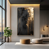 Peinture à l'huile moderne minimaliste de luxe noire et dorée, texture épaisse, effet goutte à goutte, art mural pour hall d'hôtel