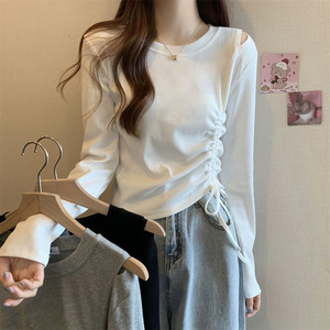 Haut asymétrique à manches longues avec fronces latérales et cordon de serrage, épaules découpées, en maille côtelée, style basique 2026 - Product Image 1