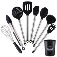 Ustensiles de cuisine faciles à nettoyer, ensemble de 9 ustensiles de cuisine en silicone avec manche et support en acier inoxydable pour ustensiles de cuisson antiadhésifs
