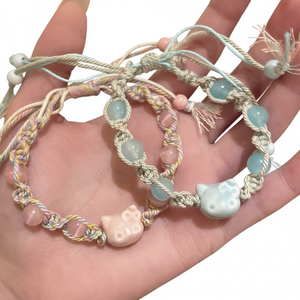 Nouveauté Bracelet tressé ajustable en pierres naturelles avec motif chat de dessin animé, bijou et accessoire de qualité pour femme - Product Image 1