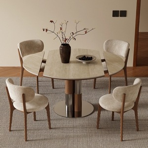 Mountain Moon Dining <b>Table</b> Round Extendable Solid Wood Telescopic Slab Modern Light Luxury High End <b>Folding</b> Dining Set - Product Image 2