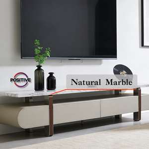 Mobile <span class=keywords><strong>TV</strong></span> Contemporaneo con Piano <span class=keywords><strong>in</strong></span> Marmo Naturale, <span class=keywords><strong>Base</strong></span> <span class=keywords><strong>in</strong></span> Pelle Morbida e Gambe <span class=keywords><strong>in</strong></span> Acciaio Inossidabile - Product Image 4