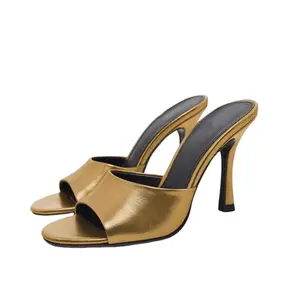 2023 New Designer Brand Shoes Women's Gold Color Open Toe Heeled Slippers Elegant Party Pumps High Heels Sandals