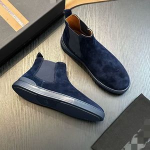 Bottes courtes style anglais pour hommes, chaussures mi-hautes plates pour garçons, en velours coréen tendance, tissu extensible de luxe, semelle extérieure en PU, à enfiler - Product Image 4
