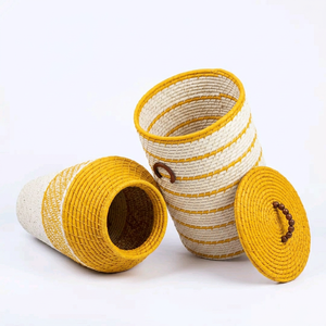 Panier de rangement en raphia tressé à la main de Madagascar, style bohème jaune et blanc, pour arrangement de plantes, décoration intérieure, avec couvercle, écologique, pour bureau - Product Image 4