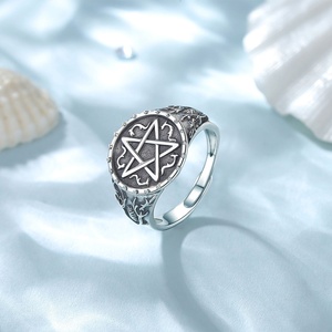 Prix de gros bijoux Vintage argent Sterling 925 ouvert taille réglable anneau pentagramme Wiccan pour hommes - Product Image 4