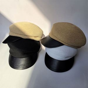 Chapeau Béret Tendance Femme Style Britannique Printemps-Été Protection Solaire en Cuir PU avec Bordure en Paille de Papier - Product Image 1
