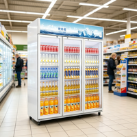 Réfrigérateur à boissons blanc à trois portes à froid direct avec réfrigération supérieure et bande lumineuse pour supermarché