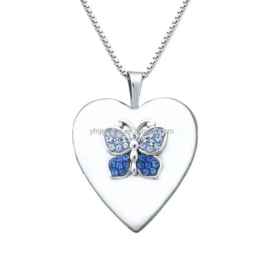 Pingente de joias personalizado 925 prata esterlina azul cristal borboleta coração medalhão charme colar de corrente
