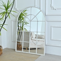 Espejo Metálico Arqueado Blanco Envejecido Hecho a Mano de 31.89" de Ancho x 46.46" de Largo, Espejo Metálico con Diseño Rústico de Ventanas