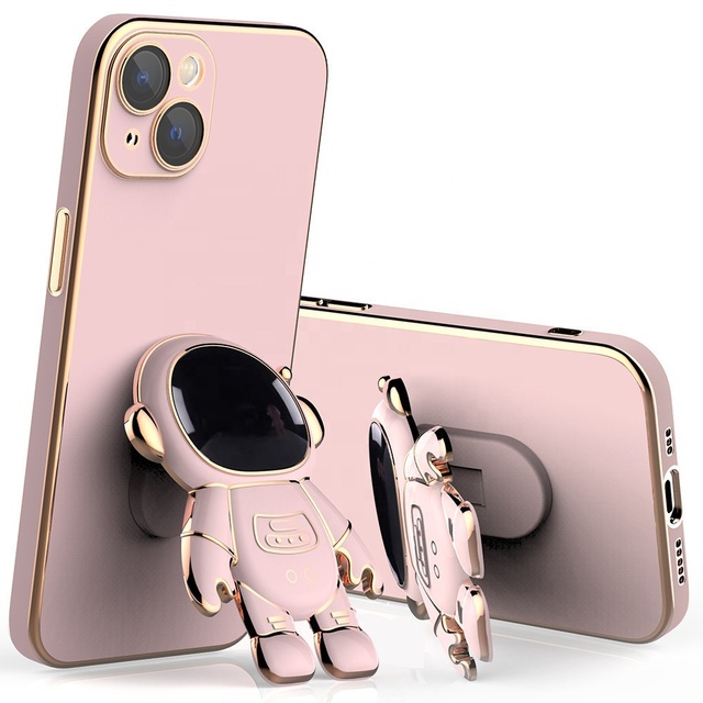 WOWCASE Camera Lens Protective Bracket Phone Holder for iPhone 11 12 13 14 15 Pro Max 3D Astronaut Stand Plating Case