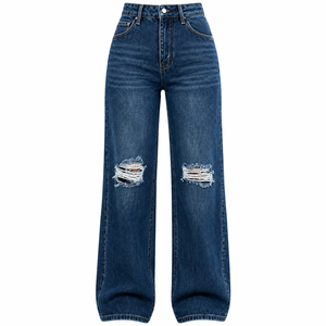 Jeans a Vita Media a Gamba Larga Strappati in Denim, Stile Casual Blu Tinta Unita, Pantaloni da Donna a Lunghezza Intera in Maglia Semplice Eco-Friendly - Product Image 1