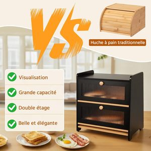 Boîte à pain en bambou double couche, 2 niveaux, grande capacité, rangement pour aliments sur comptoir de cuisine - Product Image 2