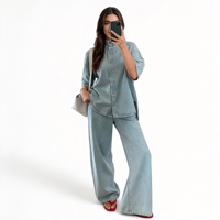 Ensemble deux pièces en jean bleu clair à manches courtes boutonné sur le devant pour femme, haut et jupe longue, vente en gros OEM ODM
