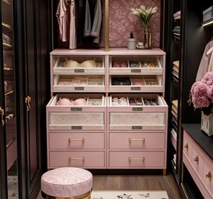 Clóset Moderno y Opulento Personalizado - Marco Negro y Detalles en Rosa, Herrajes Dorados Ornamentales e Iluminación LED, Tocador para Vestidor de Lujo - Product Image 5