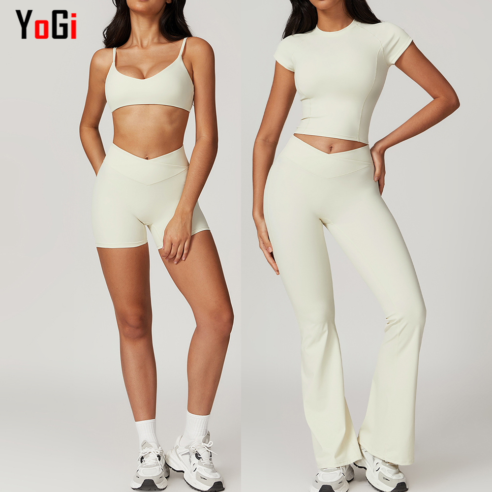 Eco-Friendly Recycled Nylon Fabric 3 Piece Slim Fit Gym Sports Fitness Yoga Sets High Waist V Cut Flared Breathable Solid