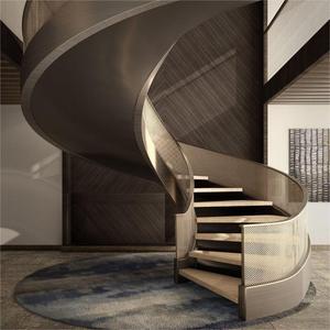 Tùy chỉnh thép tấm cong cầu thang thiết kế trong nhà hiện đại với gỗ rắn treads kính lan can khung kim loại mạnh mẽ cho ngôi nhà - Product Image 4