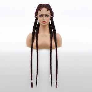 Ainizi Dark Red Braided Synthetic Wigs For Black Women 36 Inch 4 Box Braid wig with Baby Hair Lace Frontal wig