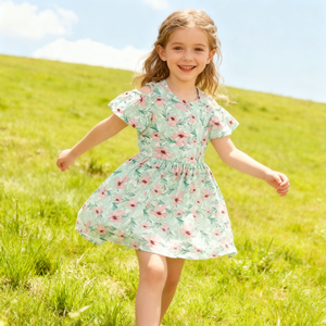 Los más nuevos niños hombro frío Flutter manga vestido verano Casual Ruffle Twirl vestido unicornio <span class=keywords><strong>y</strong></span> flor una línea bebé niña vestido - Product Image 6