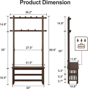 Gỗ đứng hội trường cây với băng ghế dự bị áo giá giày lưu trữ đa chức năng cho lối vào và phòng khách sử dụng - Product Image 3