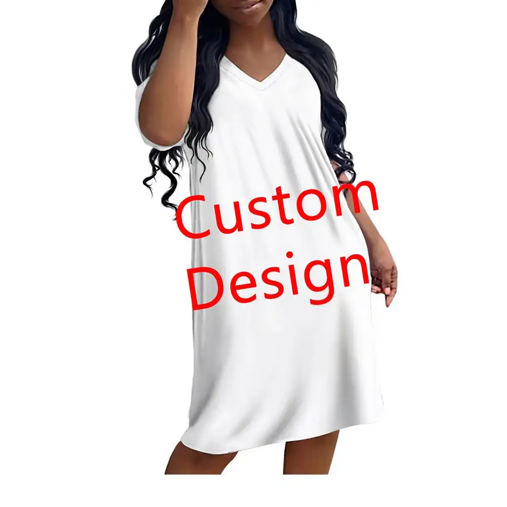 Custom Logo Designs Vintage V-neck Print Party Dress Women Spring Summer Short Sleeve Dress Elegant Plus Size Patchwork Casual