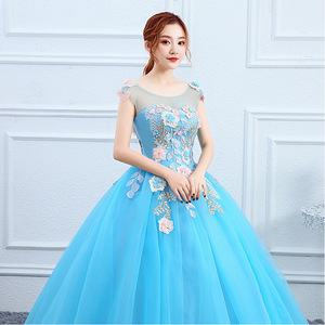 Sky Blue Ball Gown O-Neck Floral Print Chiffon Empire Waistline Long Evening Dress For Women - Product Image 3